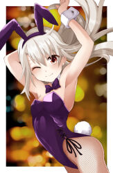 Rule 34 | 1girl, animal ears, arm up, armpits, bare shoulders, blush, breasts, closed mouth, cosplay, covered navel, detached collar, fake animal ears, fate/kaleid liner prisma illya, fate (series), fishnet pantyhose, fishnets, highleg, highleg leotard, highres, illyasviel von einzbern, leotard, mochi (k620803n), one eye closed, pantyhose, playboy bunny, purple leotard, rabbit ears, rabbit tail, revision, scathach (fate), scathach (fate) (cosplay), scathach (piercing bunny) (fate), small breasts, smile, solo, tail, thighs, white hair, wrist cuffs