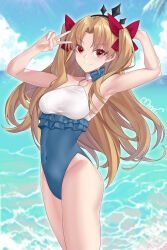 1girl bare_shoulders beach blonde_hair blue_one-piece_swimsuit blue_sky blush breasts closed_mouth ereshkigal_(fate) fate/grand_order fate_(series) hairband highleg highleg_one-piece_swimsuit highres long_hair looking_at_viewer medium_breasts mrnn o-ring one-piece_swimsuit red_eyes shore sky solo space_ereshkigal_(fate) space_ereshkigal_(first_ascension)_(fate) swimsuit thighs two-tone_swimsuit two_side_up white_one-piece_swimsuit