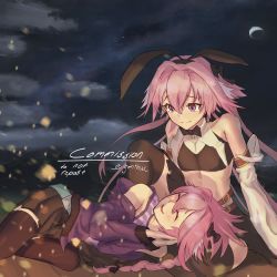 Rule 34 | 2boys, animal ears, astolfo (fate), astolfo (memories at trifas) (fate), astolfo (saber) (fate), bare shoulders, bow, bowtie, commission, detached sleeves, dual persona, fake animal ears, fang, fate/apocrypha, fate/grand order, fate (series), genthus, hair between eyes, hair bow, happy, highres, looking at another, looking at viewer, male focus, midriff, multicolored hair, multiple boys, navel, night, official alternate costume, open mouth, pink hair, rabbit ears, sitting, skin fang, smile, soles, streaked hair, thighhighs, tongue, trap, two-tone hair, white hair