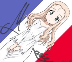 Rule 34 | 10s, 1girl, blonde hair, blue eyes, bukkuri, casual, character name, cowboy shot, cursive, dated, dress, drill hair, flag background, french flag, girls und panzer, long hair, long sleeves, looking at viewer, marie (girls und panzer), parted lips, signature, solo, standing, white dress, wide sleeves