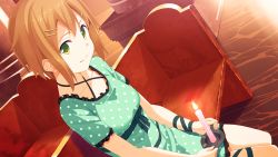 Rule 34 | 1girl, bench, breasts, brown hair, candle, church, donuthouse, dress, dutch angle, fire, game cg, green eyes, hair ornament, hairclip, looking at viewer, mayachi (amuriya), short hair, sitting, small breasts, smile, solo, thighs, valkyrie runabout!