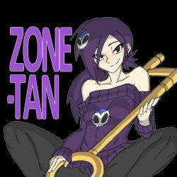 Rule 34 | 1girl, black background, black pantyhose, blue eyes, blush, borrowed character, breasts, character name, collarbone, hair ornament, key, long hair, original, pantyhose, ponytail, purple hair, purple theme, skull hair ornament, small breasts, smile, solo, spread legs, sweater, usukawa, zone-tan