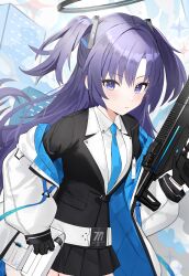 Rule 34 | 1girl, absurdres, belt, black jacket, black skirt, blue archive, blue eyes, blue hair, blue necktie, blush, breasts, building, closed mouth, coat, collared shirt, gun, halo, highres, holding, holding gun, holding weapon, jacket, long hair, long sleeves, miniskirt, nakonbu, necktie, off shoulder, pocket, pouch, shirt, sig mpx, skirt, small breasts, solo, sparkle, submachine gun, two side up, upper body, weapon, white coat, white shirt, yuuka (blue archive)