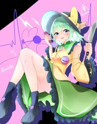 Rule 34 | 1girl, :d, black footwear, black hat, blouse, blush, boots, bow, floral print, frilled shirt collar, frilled sleeves, frills, green hair, green skirt, hair between eyes, hat, hat bow, heart, heart of string, highres, holding, holding knife, holding phone, knife, komeiji koishi, koroyarou, long sleeves, looking at viewer, open mouth, phone, shirt, short hair, skirt, smile, solo, thighs, third eye, touhou, wide sleeves, yellow bow, yellow shirt