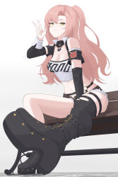 Rule 34 | 1girl, absurdres, alternate hairstyle, bare shoulders, between legs, black collar, black footwear, black shorts, black sleeves, black thighhighs, boots, breasts, closed mouth, collar, commentary, crop top, detached sleeves, green eyes, hair between eyes, hand between legs, hand up, heart, heart necklace, highres, jewelry, large breasts, long hair, looking at viewer, midriff, mole, mole on breast, mole on thigh, mole under eye, nanashi1329, navel, necklace, nicole demara, on bench, outstretched leg, pink hair, shirt, shorts, sidelocks, simple background, single thighhigh, sitting, solo, stomach, thighhighs, torn clothes, torn thighhighs, very long hair, w, white background, white shirt, zenless zone zero