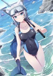 Rule 34 | animal ears, bare arms, bare shoulders, blue archive, blue eyes, blush, breasts, cat ears, collarbone, covered navel, ddangbi, goggles, goggles on head, grey hair, highres, holding, large breasts, medium hair, mismatched pupils, one-piece swimsuit, outdoors, partially submerged, shiroko (blue archive), shiroko (swimsuit) (blue archive), snorkel, solo focus, swim goggles, swimsuit, thighs, water