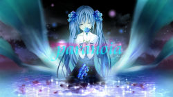 Rule 34 | 1girl, bare shoulders, blue dress, blue flower, blue hair, blue rose, blue theme, collarbone, dress, english text, closed eyes, flower, hair flower, hair ornament, hatsune miku, head tilt, highres, holding, leaf, long hair, mariwai (marireroy), own hands together, paranoia (vocaloid), partially submerged, plant, rose, sleeveless, sleeveless dress, solo, strapless, strapless dress, thorns, twintails, very long hair, vines, vocaloid, wading, water