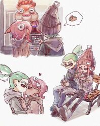 Rule 34 | 1boy, 2girls, ^ ^, agent 3 (splatoon), agent 8 (splatoon), aqua hair, bright pupils, brown scarf, chinese commentary, closed eyes, closed mouth, cup, disposable cup, film grain, food, grey jacket, hair behind ear, heart, hetero, highres, holding, holding cup, holding food, inkling, inkling boy, inkling player character, jacket, kiss, marigold (splatoon), medium hair, multiple girls, nintendo, octoling, octoling girl, octoling player character, pointy ears, ponytail, purple eyes, red hair, scarf, short hair, sitting, smile, speech bubble, splatoon (series), spoken object, tentacle hair, thenintlichen96, white pupils, wooden bench
