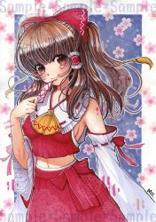 Rule 34 | 1girl, armpits, artist name, ascot, bow, breasts, brown hair, collarbone, colored pencil (medium), covered erect nipples, detached sleeves, floral background, frilled bow, frilled sleeves, frills, hair bow, hair tubes, hakama, hakama short skirt, hakama skirt, hakurei reimu, hand up, head tilt, impossible clothes, impossible shirt, japanese clothes, lips, long hair, looking at viewer, marker (medium), midriff, mii@chiffonx, no bra, outline, patterned, petals, ponytail, red skirt, ribbon-trimmed collar, ribbon-trimmed sleeves, ribbon trim, sample watermark, shirt, sideboob, skirt, sleeveless, small breasts, smile, solo, stomach, talisman, touhou, traditional media, watermark