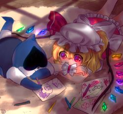 Rule 34 | 1girl, blonde hair, colored skin, crayon, deltarune, drawing, flandre scarlet, frilled skirt, frills, gloves, hat, jackybunny, lancer (deltarune), lying, mob cap, on stomach, ralsei, red eyes, red skirt, short hair, skirt, susie (deltarune), touhou, white skin, wings, wrist cuffs