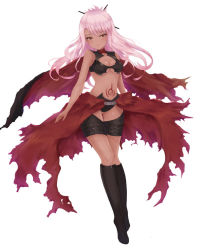 Rule 34 | 1girl, artist request, boots, breasts, child, chloe von einzbern, cleavage, dark-skinned female, dark skin, fate/kaleid liner prisma illya, fate (series), long hair, looking at viewer, pink hair, simple background, solo, stomach tattoo, tattoo, torn clothes, white background, yellow eyes