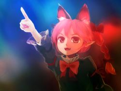 Rule 34 | 1girl, animal ears, bow, braid, cat ears, fang, hair bow, kaenbyou rin, kongari (kngr), night, open mouth, pointing, pointy ears, red eyes, red hair, ribbon, smile, solo, touhou, twin braids