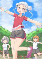 Rule 34 | 3girls, :p, absurdres, aqua wristband, arashi chisato, artist name, artist request, bare legs, black shorts, black tank top, blue sky, blue wristband, blush, bow, breasts, brown hair, cloud, collarbone, day, double bun, female focus, floating hair, grey hair, hair bun, hair tie, hand on own hip, highres, light brown hair, long hair, looking at viewer, love live!, love live! school idol festival, love live! superstar!!, medium breasts, multiple girls, nail, nail polish, orange hair, outdoors, outstretched arms, parted lips, pink footwear, pink nails, purple eyes, red eyes, red shirt, shibuya kanon, shirt, shoes, short hair, short shorts, short sleeves, shorts, sky, small breasts, smile, sneakers, sparkle, spread arms, standing, standing on one leg, sweat, sweatdrop, tang keke, tank top, tied shirt, tongue, tongue out, twintails, undershirt, wavy hair, white bow, white hair, white shirt