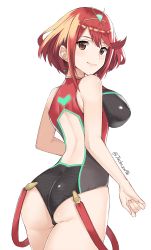 Rule 34 | 1girl, ass, back cutout, bare shoulders, breasts, brown eyes, clothing cutout, competition swimsuit, earrings, highres, j@ck, jewelry, large breasts, looking at viewer, looking back, nintendo, one-piece swimsuit, pyra (pro swimmer) (xenoblade), pyra (xenoblade), red hair, ribbed swimsuit, short hair, smile, solo, star (symbol), star earrings, swept bangs, swimsuit, tiara, twitter username, xenoblade chronicles (series), xenoblade chronicles 2