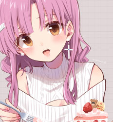 Rule 34 | 1girl, :d, bare shoulders, birthday cake, blunt bangs, blush, body blush, brown eyes, cable knit, cake, cake slice, center opening, chiba sadoru, cleavage cutout, close-up, clothing cutout, cross, cross earrings, dated, earrings, fingernails, flower earrings, food, fork, fruit, gakkou gurashi!, grey background, hair intakes, hair ornament, hairclip, hand up, happy birthday, head tilt, high collar, holding, holding fork, jewelry, long hair, meme attire, nail polish, official art, open-chest sweater, open mouth, parted bangs, pink hair, pink nails, ribbed sweater, ringlets, sakura megumi, shiny skin, sidelocks, signature, smile, solo, strawberry, stud earrings, sweater, tareme, teeth, turtleneck, turtleneck sweater, upper body, whipped cream, white sweater