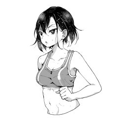 Rule 34 | 1girl, bare shoulders, breasts, cleavage, collarbone, commentary request, greyscale, hair between eyes, looking to the side, medium breasts, midriff, mikazuki shizuka, monochrome, navel, open mouth, photoshop (medium), short hair, simple background, solo, sweat, tank top, upper body, user rgzj5554, white background, zom 100: zombie ni naru made ni shitai 100 no koto