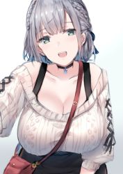 Rule 34 | 1girl, bad id, bad pixiv id, bag, bare shoulders, black choker, black skirt, braid, breasts, choker, cleavage, commentary request, crown braid, green eyes, handbag, highres, hololive, kousi sirazawa, large breasts, looking at viewer, off shoulder, open mouth, ribbed sweater, shirogane noel, shirogane noel (casual), short hair, silver hair, skirt, snowflake necklace, solo, sweater, sweater tucked in, virtual youtuber, white background, white sweater
