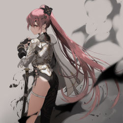 Rule 34 | 1girl, armor, black gloves, cape, closed mouth, dust, feet out of frame, fingerless gloves, gloves, grey cape, highres, hirooka masaki, katana, long hair, looking at viewer, original, pink eyes, pink hair, ponytail, single bare leg, skindentation, sword, thigh strap, weapon