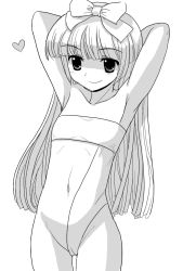 Rule 34 | 1girl, 3.1-tan, armpits, arms behind head, blunt bangs, bow, cameltoe, female focus, flat chest, greyscale, hair bow, heart, long hair, monochrome, navel, os-tan, simple background, smile, solo, standing, thigh gap, thighs, white background
