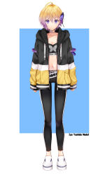 Rule 34 | 1girl, absurdres, ahoge, artist name, black jacket, black leggings, black shorts, blonde hair, blue background, breasts, butterfly hair ornament, cleavage, closed mouth, collarbone, commentary request, drawstring, earrings, full body, gradient hair, hair between eyes, hair ornament, highres, hood, hood down, hooded jacket, jacket, jewelry, leggings, looking at viewer, multicolored hair, navel, open clothes, open jacket, original, purple eyes, purple hair, shoes, short shorts, shorts, small breasts, solo, standing, strapless, two-tone background, white background, white footwear, yoshida iyo
