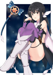 Rule 34 | 1girl, absurdres, ass, backless outfit, bare shoulders, black hair, blush, boots, breasts, brown eyes, detached sleeves, fate/kaleid liner prisma illya, fate (series), feather hair ornament, feathers, hair ornament, hairclip, highres, hip focus, k-ya., kaleidostick, knee boots, knees up, legs, leotard, long hair, looking at viewer, magical girl, magical sapphire, miyu edelfelt, pouch, purple leotard, purple thighhighs, small breasts, tassel, thigh strap, thighhighs, thighs, twintails, white footwear