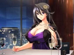 Rule 34 | 1girl, alcohol, black hair, breasts, cleavage, cup, dress, drink, game cg, hair ornament, huge breasts, jewelry, long hair, looking at viewer, mochizuki nozomu, necklace, night, ore wa tsuma killer, purple eyes, sitting, sky, smile, sonomura meiko, star (symbol), table, window, wine