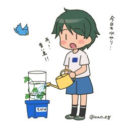 Rule 34 | 1girl, bird, blue bird, blue skirt, blush stickers, commentary request, full body, green hair, kantai collection, mogami (kancolle), nao (nao eg), official alternate costume, open mouth, plant, potted plant, shirt, short hair, simple background, skirt, solo, swept bangs, t-shirt, translation request, twitter username, watering, watering can, white background, white shirt, | |