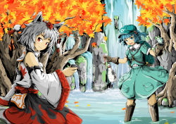 Rule 34 | 2girls, animal ears, autumn leaves, backpack, bag, blue eyes, blue hair, boots, bottle, choko (cup), coba (bushclover), cup, detached sleeves, forest, glass, gloves, hair bobbles, hair ornament, hat, inubashiri momiji, kawashiro nitori, key, leaf, light smile, looking at viewer, looking back, maple leaf, multiple girls, nature, open mouth, pom pom (clothes), red eyes, rock, rubber boots, sitting, skirt, skirt set, smile, stream, tokin hat, touhou, tree, twintails, two side up, wading, water, waterfall, white hair, wolf ears