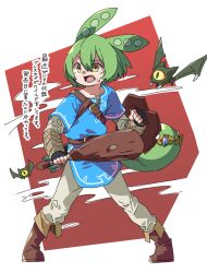 Rule 34 | 1girl, bat (animal), belt, black gloves, blue tunic, boots, bracer, brown belt, brown pants, club (weapon), collarbone, commentary request, cosplay, datemegane, fingerless gloves, floating hair, full body, gloves, green hair, highres, holding, holding club, holding shield, holding weapon, keese, layered sleeves, legs apart, link, link (cosplay), long hair, long sleeves, looking ahead, low ponytail, nervous, nintendo, open mouth, pants, pea pod, shield, short over long sleeves, short sleeves, shoulder belt, solo, standing, sweatdrop, the legend of zelda, the legend of zelda: breath of the wild, tiara, translated, v-shaped eyebrows, very long hair, voicevox, yellow eyes, zundamon