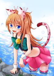 Rule 34 | 10s, 1girl, :d, animal ears, bell, blue eyes, blush, cat ears, cat tail, crop top, fang, flat chest, highres, houjou hibiki, kanichiri, long hair, looking at viewer, midriff, navel, open mouth, panther pink (precure), partially submerged, pink skirt, precure, skirt, smile, solo, suite precure, tail, thighhighs, wading