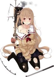 Rule 34 | 10s, 1girl, blonde hair, breasts, cardigan, cleavage, damaged, full body, kantai collection, kujou ichiso, medium breasts, murasame (kancolle), official art, pantyhose, skirt, solo, torn clothes, torn pantyhose, transparent background