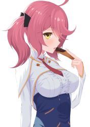 Rule 34 | 1girl, ahoge, blush, breasts, buttons, commentary request, eating, fagi (kakikaki), food, food request, hand up, holding, holding food, large breasts, long hair, long sleeves, open mouth, philuffy aingram, pink hair, saijaku muhai no bahamut, simple background, solo, tongue, white background, yellow eyes
