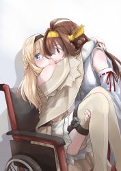 Rule 34 | 10s, 2girls, ahoge, arms behind head, bare shoulders, blonde hair, blue eyes, blush, braid, brown eyes, brown hair, capelet, carrying, detached sleeves, double bun, dress, flying sweatdrops, french braid, garter straps, hairband, headgear, highres, japanese clothes, kantai collection, kongou (kancolle), long hair, long sleeves, multiple girls, nontraditional miko, off shoulder, pin.s, princess carry, remodel (kantai collection), ribbon-trimmed sleeves, ribbon trim, thighhighs, warspite (kancolle), wheelchair, white legwear