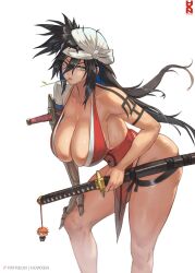 Rule 34 | 1girl, amputee, ass, bandaged head, bandages, bare shoulders, black hair, bleach, breasts, character charm, charm (object), cleavage, crossed legs, curvy, green eyes, green sarong, halterneck, hand on own thigh, highres, holding, holding sword, holding weapon, howxen, kurosaki ichigo, large breasts, lips, long hair, orange hair, pelvic curtain, prosthesis, revealing clothes, sarong, sheath, shiba kuukaku, shoulder tattoo, solo, spiked hair, sword, tattoo, thong, watson cross, weapon, white background, wide hips