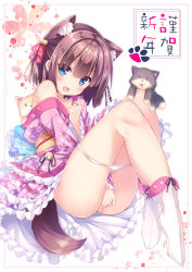 Rule 34 | 1girl, :d, animal, animal ears, ass, bare shoulders, bell, blue eyes, blush, bow, braid, brown hair, chinese zodiac, collarbone, commentary request, covering privates, covering crotch, dog, dog ears, dog girl, dog tail, floral print, frilled kimono, frilled sleeves, frills, hair bell, hair between eyes, hair bow, hair ornament, japanese clothes, jingle bell, kimono, long sleeves, looking at viewer, nengajou, new year, obi, off shoulder, open mouth, original, panties, panty pull, pink kimono, print kimono, red bow, ryo (botugo), sash, short kimono, sidelocks, smile, solo, tail, tongue, tongue out, twin braids, underwear, white footwear, white panties, wide sleeves, year of the dog