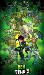Rule 34 | 1boy, 6+boys, absurdres, alien, ben 10, ben tennyson, black footwear, brown hair, bumblesteak, claws, clenched hand, commentary, crystal, english commentary, english text, gauntlets, green background, green eyes, highres, kirby krackle, male focus, multiple boys, nose, omnitrix, running, shoes, short hair, simple background, smile, tentacles, warframe