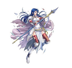 Rule 34 | 1girl, armor, blue eyes, blue hair, breastplate, cape, elbow gloves, female focus, fire emblem, fire emblem: the blazing blade, fire emblem heroes, full body, gloves, holding, holding polearm, holding weapon, isadora (fire emblem), long hair, matching hair/eyes, nintendo, official art, pelvic curtain, polearm, red thighhighs, shoulder armor, solo, sword, thighhighs, torn clothes, torn thighhighs, vambraces, weapon, white cape
