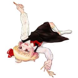 Rule 34 | 1girl, blonde hair, drooling, embodiment of scarlet devil, female focus, full body, hair ribbon, hand up, lying, necktie, note-takahashi, on back, popsicle stick, red eyes, ribbon, rumia, short hair, solo, takahashi note, touhou, transparent background
