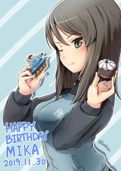 Rule 34 | 1girl, ;), aki (girls und panzer), blue background, blue jacket, brown eyes, brown hair, bt-42, buchikaki, character doll, character name, closed mouth, commentary, dated, dessert, diagonal stripes, emblem, english text, food, food on head, girls und panzer, happy birthday, holding, holding food, jacket, keizoku (emblem), keizoku military uniform, long hair, long sleeves, looking at viewer, mika (girls und panzer), mikko (girls und panzer), military, military uniform, military vehicle, model tank, motor vehicle, object on head, one eye closed, outline, raglan sleeves, smile, solo, striped, striped background, tank, track jacket, twitter username, uniform, white outline, zipper