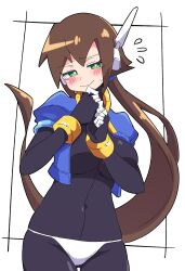 Rule 34 | 1girl, absurdres, aile (mega man zx), black bodysuit, blue jacket, blush, bodysuit, breasts, brown hair, buzzlyears, closed mouth, cropped jacket, embarrassed, flying sweatdrops, green eyes, highres, jacket, large breasts, long hair, looking at viewer, mega man (series), mega man zx, mega man zx advent, panties, short sleeves, solo, underwear, white panties