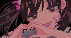 1girl, :d, black hair, close-up, earrings, female focus, hair ornament, heart, heart hands, highres, jewelry, looking at viewer, nanami yuki, open mouth, original, pixel art, smile, solo