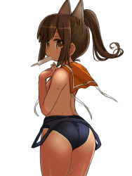 Rule 34 | 1girl, ass, bare shoulders, blue one-piece swimsuit, blush, brown eyes, brown hair, clothes pull, eating, food, food in mouth, hair ornament, hairclip, highres, i-401 (kancolle), kantai collection, long hair, looking back, naitou kouse, off shoulder, one-piece swimsuit, one-piece swimsuit pull, ponytail, popsicle, popsicle in mouth, sailor collar, school swimsuit, sidelocks, simple background, sweat, swimsuit, tan, tanline, white background