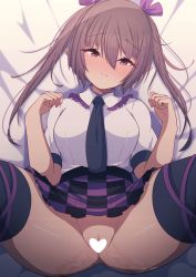 Rule 34 | 1girl, bed sheet, black necktie, black thighhighs, blush, brown eyes, brown hair, censored, checkered clothes, checkered skirt, closed mouth, collared shirt, darumoon, groin, hair between eyes, heart, heart censor, highres, himekaidou hatate, long hair, necktie, no panties, pointy ears, pussy, shirt, skirt, solo, thighhighs, touhou, twintails, white shirt