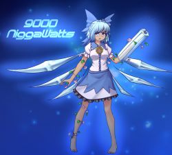 Rule 34 | &gt;:o, 1girl, :o, adapted costume, arm cannon, barefoot, bespectacled, blue bow, blue eyes, blue hair, blue skirt, bow, breasts, cirno, dress shirt, flower, frilled shirt collar, frills, full body, fusion, glasses, hair bow, hater (hatater), hidden star in four seasons, highres, ice, ice wings, it&#039;s over 9000 (meme), looking at viewer, medium breasts, meme, morning glory, puffy short sleeves, puffy sleeves, reiuji utsuho, shirt, short hair, short sleeves, skirt, solo, standing, sunflower, tan, tanned cirno, touhou, v-shaped eyebrows, weapon, white shirt, wings