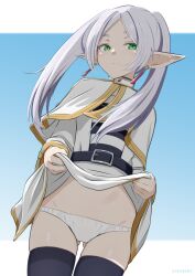Rule 34 | 1girl, absurdres, black pantyhose, blue background, cameltoe, capelet, dangle earrings, earrings, frieren, gold trim, gradient background, green eyes, highres, jewelry, looking at viewer, panties, panty peek, pantyhose, pointy ears, sirokohi, solo, sousou no frieren, twintails, underwear, white capelet, white hair, white panties