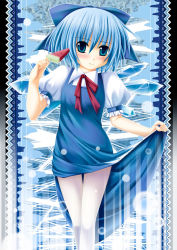 Rule 34 | 1girl, bad id, bad pixiv id, blue eyes, blue hair, bow, cirno, embodiment of scarlet devil, female focus, food, hair bow, kai yuuki, matching hair/eyes, pantyhose, popsicle, short hair, solo, touhou, watermelon bar, white pantyhose, wings