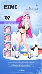 Rule 34 | absurdres, bikini, bird, black bikini, blue archive, commentary, down jacket, eimi (blue archive), eimi (swimsuit) (blue archive), english commentary, english text, expressions, glacier, goggles, halo, highres, jacket, official alternate costume, official art, padded jacket, penguin, pink halo, pink jacket, popqn, scarf, side-tie bikini bottom, ski goggles, snow duck, swimsuit, tagme, white scarf