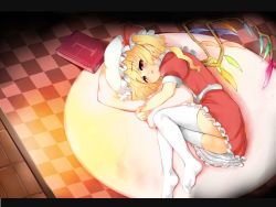 Rule 34 | 1girl, ass, bad id, bad pixiv id, blonde hair, blush, book, checkered floor, female focus, flandre scarlet, floor, hat, highres, legs, lying, hugging object, on side, pillow, pillow hug, ponytail, red eyes, short hair, short hair with long locks, side ponytail, solo, thighhighs, toichi, touhou, white thighhighs, wings