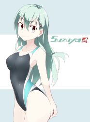 Rule 34 | 10s, 1girl, aqua eyes, aqua hair, bad id, bad twitter id, character name, competition swimsuit, covered navel, cowboy shot, hair ornament, hand on own ass, highleg, highleg swimsuit, kantai collection, long hair, looking away, one-piece swimsuit, shigino sohuzi, smile, solo, suzuya (kancolle), swimsuit