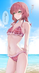 Rule 34 | 1girl, absurdres, alternate costume, alternate hairstyle, arms behind back, bare arms, bare shoulders, bikini, blue sky, blush, bocchi the rock!, braid, breasts, cleavage, cloud, cloudy sky, collarbone, commentary request, crossed bangs, frilled bikini, frills, green eyes, hair between eyes, highres, horizon, kita ikuyo, looking to the side, low twin braids, navel, ocean, plaid, plaid bikini, red bikini, red hair, sky, small breasts, solo, speech bubble, stomach, swimsuit, translation request, twin braids, yoru0409
